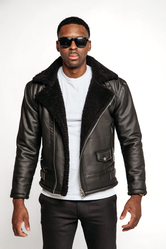 Black Faux Leather Aviator Jacket